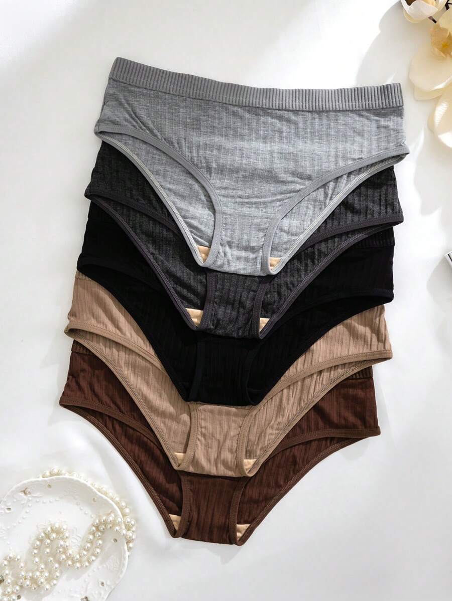 Set de 5 piezas de bragas tipo bikini acanaladas de unicolor, estilo casual