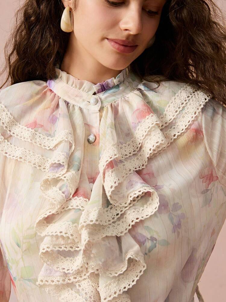 New Autumn Winter Products ,Romantic Floral Print  Lace Splicing Ruffle-Trim Flare Sleeve Dress For Women,Fall Winter  Women's Clothing,Winter Dress,Elegant Women Dresses,Long Sleeve Dress