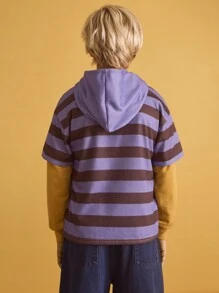 SHEIN Tween Boy Casual Striped Contrast Color Hooded Long Sleeve Loose Pullover Sweatshirt, Autumn/Winter - Multicolor - View 2