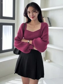DAZY 女士休闲日常纯色甜心领宽松毛衣，秋冬，秋季女装 - 玫紅色 - 查看 4