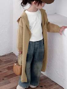 DAZY Young Girl Solid Color Dropped Shoulder Long Sleeve Hooded Casual Single Breasted Jacket, For Autumn/Winter