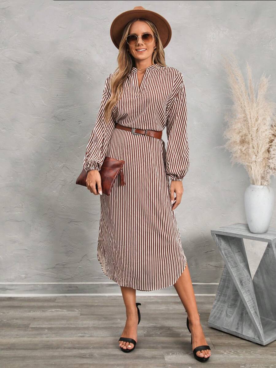 SHEIN LUNE Women's Casual Brown & White Striped Dress - Brown - View 1