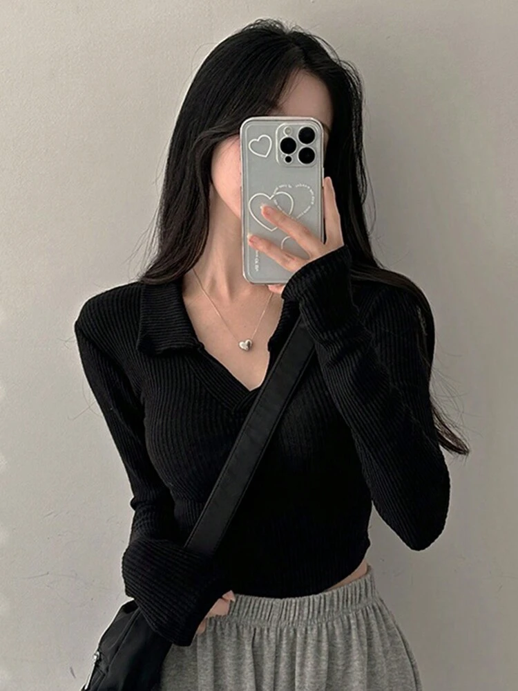 Women's Casual Solid Color Slim Fit Long Sleeve Collared T-Shirt, Autumn,Back To School Clothes
