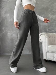 SHEIN Cottnline سراويل جينز نساء الفضفاضة ذات الساق العريضة، ذات سحاب، باللون الأسود، كاجوال - رمادي غامق - مشاهدة 4