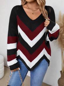 Pull surdimensionné décontracté à blocs de couleur rayés avec ourlet asymétrique, pour l'automne/l'hiver