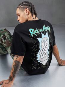 Rick and Morty X SHEIN Camiseta de manga corta holgada con estampado de personaje de dibujos animados y letras, de hombros caídos, casual, de verano para hombre