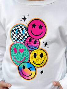 SHEIN Explorewe Girls Back-To-School Autumn School Outing White Crew Neck Sweatshirt With Colorful Smiling Face Graphic & Light Blue Denim Fitted Mini Skirt,2pcs Set - Multicolor - View 5