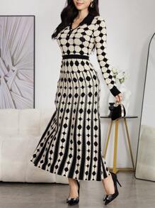 Modelyn Váy len chấm bi viền chuông phối màu cho nữ - Màu be - Xem 4