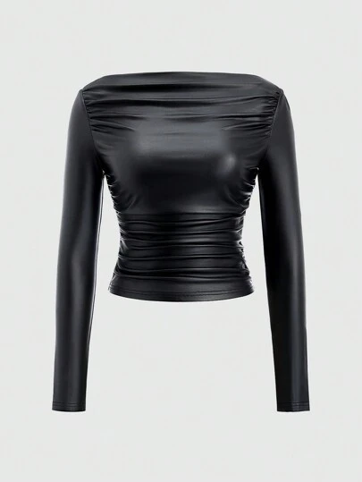 Sweetra Women's Form-Fitting Off Shoulder PU Leather Long Sleeve T-Shirt, Autumn Fall Cloth For Women