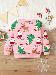 SHEIN Pull ample et confortable en tricot à col ras-du-cou pour bébé fille, avec imprimé mignon du père Noël, des rennes et d'un sapin de Noël