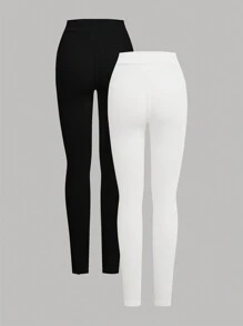 SHEIN Girlism 少女款腰部交叉设计罗纹紧身裤，买 1 送 2 - 黑與白 - 查看 2