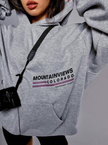 Athîral 1pc Women Casual Letter Print Hooded Sweatshirt, Autumn/Winter - Grey - View 4