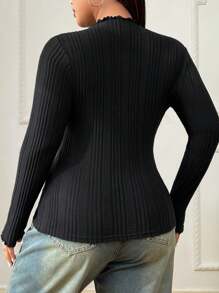 SHEIN CURVE+ Plus Size Women Black High Neck Long Sleeve T-Shirt, Autumn Base Layer Top