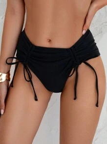 SHEIN Swim 新款欧美风格高腰褶皱比基尼泳裤，女士夏季海滩度假 - 黑色 - 查看 1