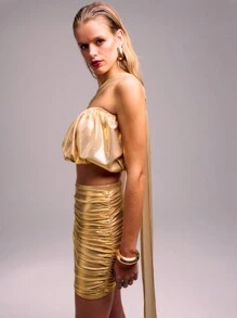 SHEIN Unity 金属质感弹力泡泡袖抹胸上衣，配有环形肩带 - 金色 - 查看 6