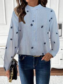 Chiquease 女士休闲及办公树叶刺绣纽扣前襟衬衫，秋季 - 藍色 - 查看 1