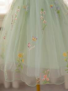 Glamorique Kids 圣诞/新年派对圣诞老人连衣裙，女童公主风花卉刺绣网纱泡泡袖连衣裙，适合圣诞节、万圣节及所有季节 - 綠色 - 查看 5