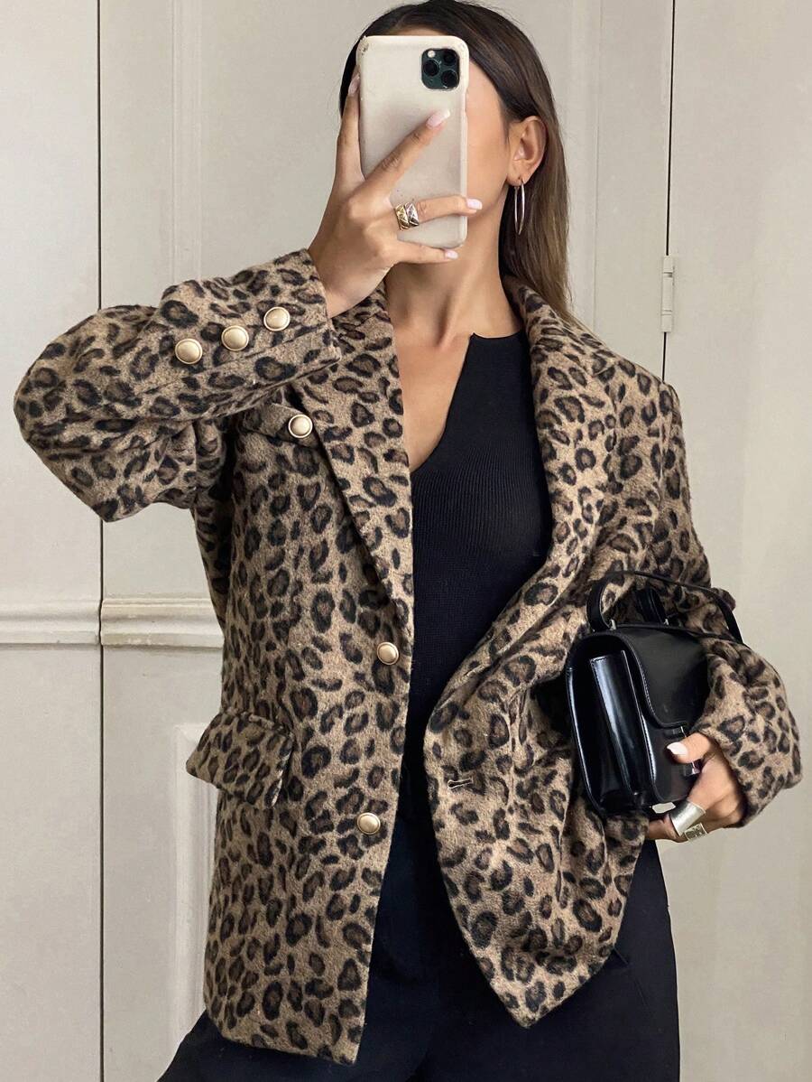 DAZY Women Leopard Print Full-Body Button Front Long Sleeve Casual Blazer,Fall Clothes Buisness Attire
