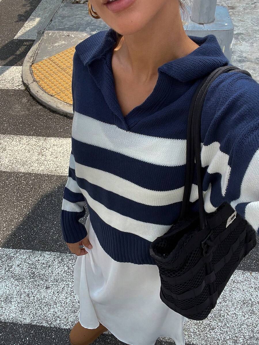 Chiquease 女士休闲拼色条纹宽松 V 领套头毛衣 - 彩色 - 查看 1