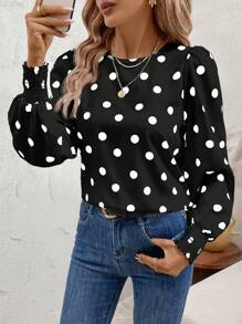 SHEIN Clasi Blusa de manga larga con volantes en el bajo, de estampado de lunares y manga de farol para mujeres - Blanco y Negro - Ver 6