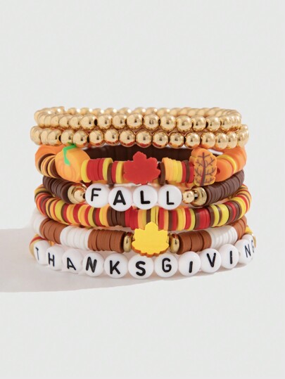 Fairycore 7pcs/Set Thanksgiving Letter Beaded Crystal Polymer Clay Charm Bracelets, Handmade Maple Leaf Pumpkin Bracelets, Jewelry Gift For Wife/Daughter In Autumn