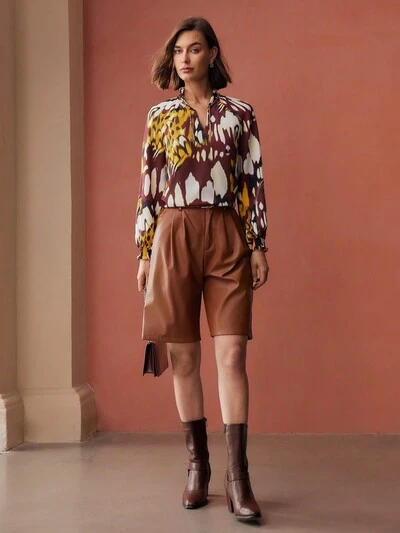 ALLOVER PRINT FRILL NOTCH NECK FLARE SLEEVE BLOUSE