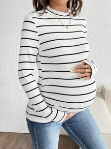 SHEIN Pregnant Women's Striped Round Neck Long Sleeve Casual T-Shirt, Autumn, For Maternity - White - View 4