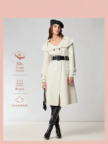Enchnt 女士冬季优雅休闲双排扣双面混纺大衣，适合日常和外出，保暖服装，圣诞服装，新年服装，冬季女装，新年服装，优雅女士大衣 - 杏色 - 查看 2