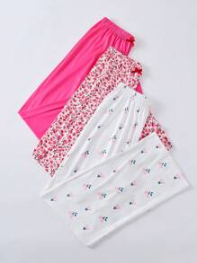 Set de 3 piezas Pantalones de pijama de mujer con estampado floral y de cerezas