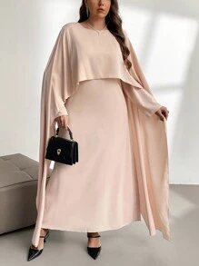 SHEIN Privé Plus Size Elegant & Vintage Taffeta Cape Poncho Jacket & Long Sleeve Straight Hem Dress Set, Autumn/Winter - Apricot - View 6