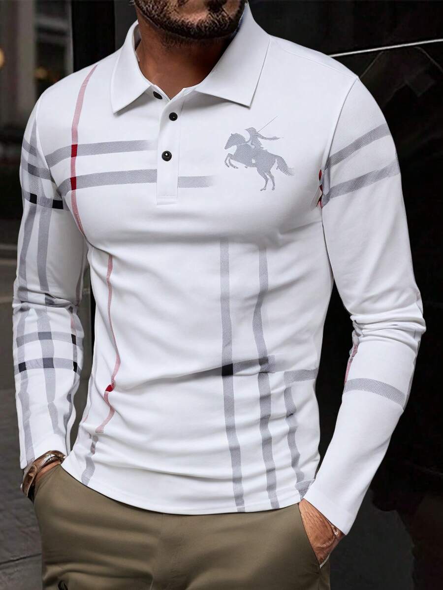 Manfinity Homme Men's Plaid Print Casual Commuter Long Sleeve Polo Shirt, Autumn,Boy Friend Gifts,White Polo - Multicolor - View 1