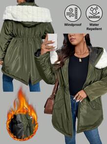 SHEIN LUNE Plus Size  Fur Collar Hooded Insulated Parka - Army Green - View 1