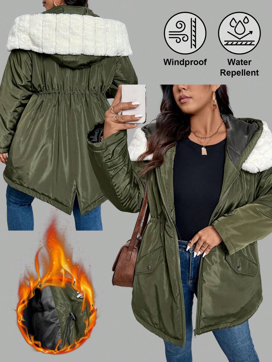 SHEIN LUNE Plus Size Fur Collar Hooded Insulated Parka - Army Green - View 1