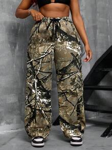 SHEIN SXY 大码女式街头风格全图案印花抽绳腰部宽松阔腿牛仔裤