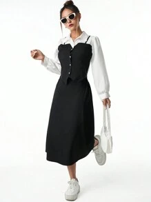 Teen Girls Long Sleeve 2 In 1 Top And Skirt Set, Suitable For Daily Commute, Casual, School And Parties, Autumn