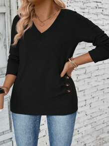 INAWLY Plus Size Women's Solid V-Neck Long Sleeve Button Simple T-Shirt, Casual Daily Wear Fall Cloth For Women - Black - View 3