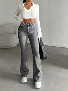 EURMUSE 98%Cotton High-Waist Original Boot Cut Jeans - Grey - View 4
