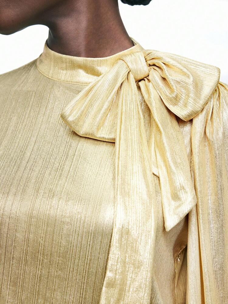 SHEIN Maija Women's Oversized Bow Tie Collar Lantern Sleeve Loose Elegant Fashion Gold Long Sleeve Blouse, Autumn/Winter