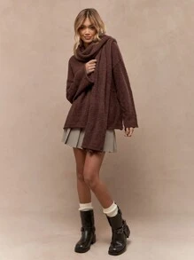 MISSGUIDED Áo len cổ lọ Sherpa hình gấu bông cỡ lớn ấm áp mùa đông thu đông có chi tiết khăn quàng cổ, đồ mặc ở nhà rộng rãi - màu nâu - Xem 4