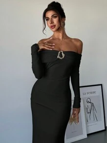 Firerie Women's Off Shoulder Ruched Metal Decor Fitted Elegant Commuter Dress - Black - View 7