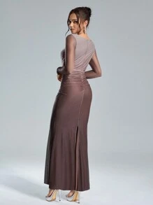 SHEIN Belle Women Ombre Color Round Neck Long Sleeve Pleated Fishtail Hem Elegant Cocktail Party Dress, Prom Semi Formal Dress, For Birthday, Wedding Guest, Graduation, Dinner, Homecoming