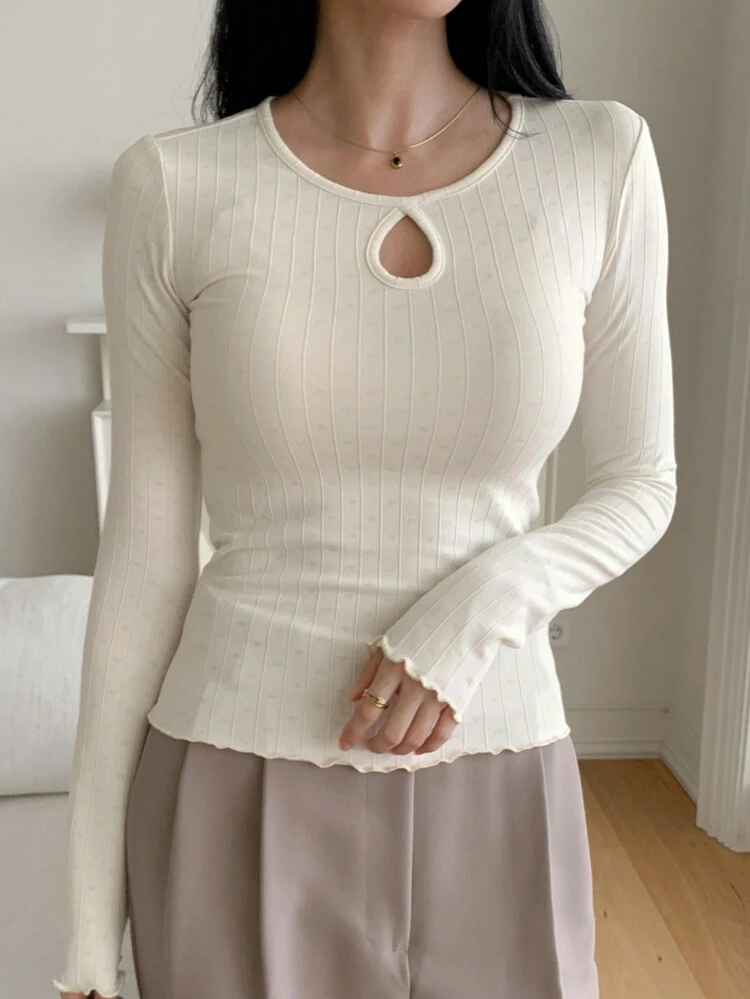Women Casual Hollow Out Round Neck Long Sleeve T-Shirt, Simple Design For Everyday Wear,Fall Clothes
