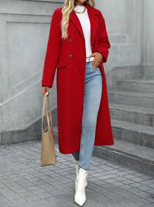 SHEIN Clasi Áo khoác mùa đông Giáng sinh màu đỏ đơn giản, hai hàng khuy bằng len ngày lễ cho nữ. Quần áo giữ nhiệt cho năm mới - Đỏ - Xem 4