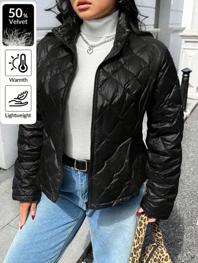 SHEIN EZwear Plus Size Winter Plain Black Casual All-Match Cinched Waist Lightweight Warm Down& Feathers Jacket