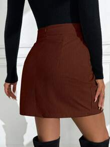 SHEIN PETITE Women's Elegant Solid Color Slit Corduroy A-Line Skirt, Autumn - Coffee Brown - View 2