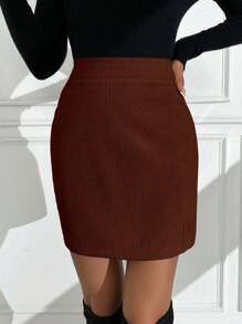 SHEIN PETITE Women's Elegant Solid Color Slit Corduroy A-Line Skirt, Autumn - Coffee Brown - View 5