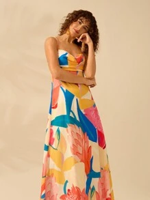 CAJUNI Boho Colorful Tropical Plant Print Sleeveless Sling, Hollow-Out Back Tie Long Dress, Casual Beach Holiday Summer Dress For Women