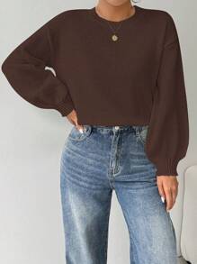 EMERY ROSE Loose Round-Neck Lantern Sleeve Harmony Drop Shoulder Knitted Sweater Fall Winter - Coffee Brown - View 5