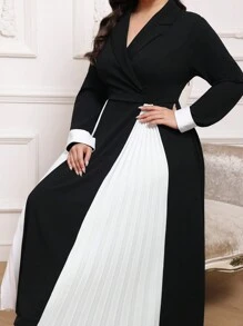 Modelyn Đầm dài thường ngày xếp ly cổ chữ V màu trơn cỡ lớn Đầm dạ hội dài - Đen và trắng - Xem 2