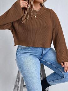 EMERY ROSE Plus Size Solid Color Dropped Shoulder Sweater, For Autumn And Winter Knit Pullover Fall - Rust Brown - View 1